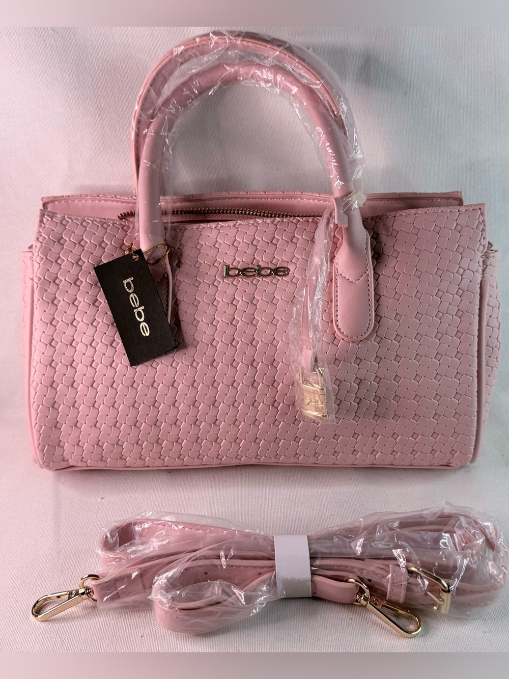 bebe Pink Woven Satchel with Gold Hardware